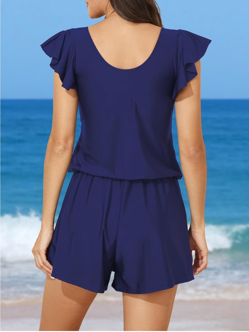 Smismivo Swim Romper One Piece Swimsuit Blue Built In Bra Pockets M - Picture 2 of 6